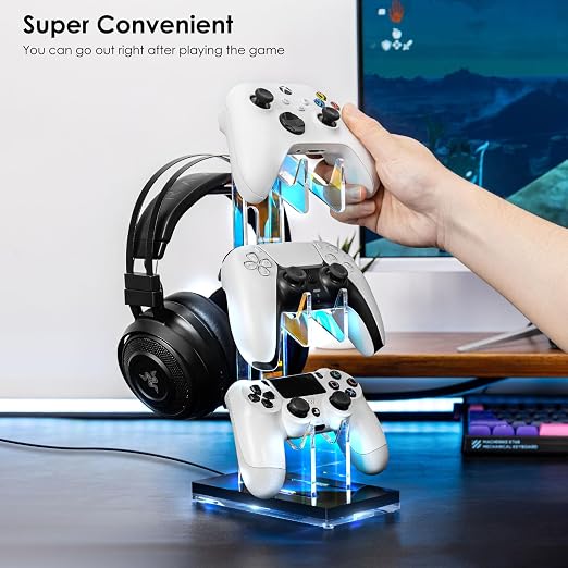 OAPRIRE Controller Holder Headset Stand with Lights, 3 Tier Acrylic Gaming Controller Stand Compatible with PS4, PS5, PC, Switch, Universal Design (Black)
