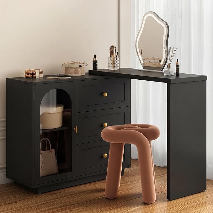 FansaFurn 59" L-Shaped Vanity Table with 3 Drawers & 1 Door, Extendable Makeup Vanity Desk, Modern Dressing Table for Bedroom, Dressing Room, Black