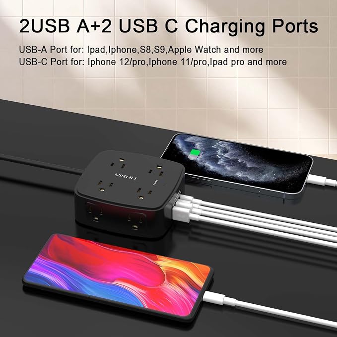 6 Ft Surge Protector Power Strip - 8 Widely Outlets with 4 USB Ports, 3 Side Outlet Extender with 6 Feet Extension Cord, Flat Plug, Wall Mount, Desk USB Charging Station, ETL,Black