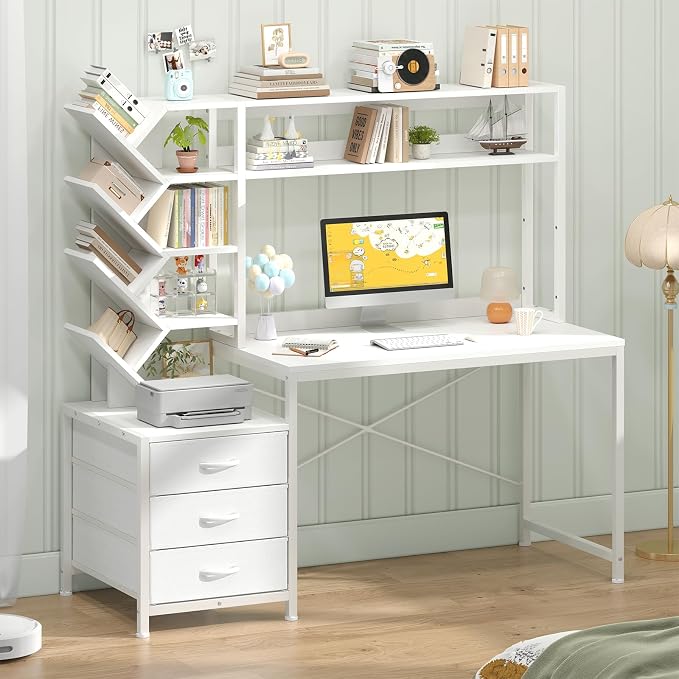 YOMILUVE Reversible Computer Desk with Hutch, Home Office Desk with Drawers and Bookshelf, 52'' Study Writing Desk with Storage Shelves for Bedroom Home Office, White
