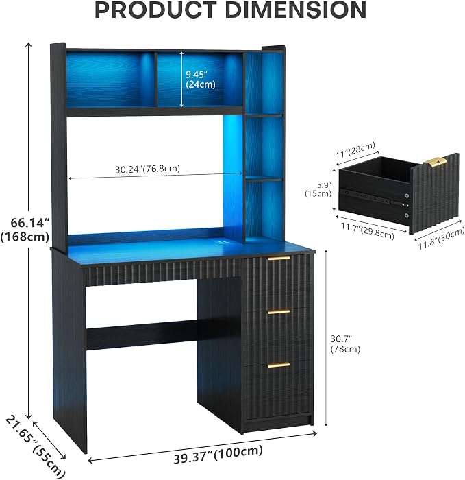 40" W Fluted Study Desk with Hutch and Storage Cabinet, Computer Desk with Power Outlet & LED Lights, Home Office Desk with Card-Based Lock for Study, Bedroom, Living Room, Retro Black