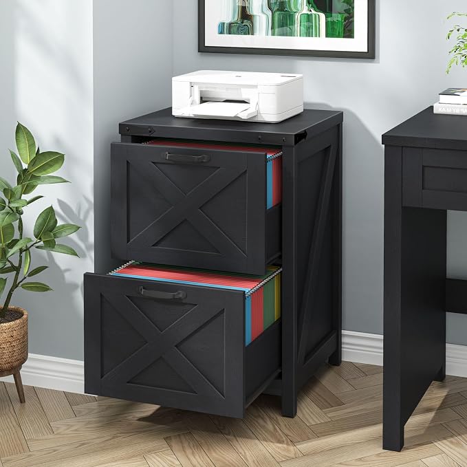 Halitaa 2 Drawer Small File Cabinet, Farmhouse Vertical Filing Cabinet Fits Letter and A4 Size, Under Desk Wooden File Cabinets for Home Office, Printer Stand, Black