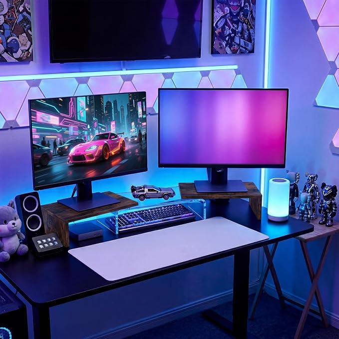 Dual Monitor Riser, Acrylic Monitor Riser, Adjustable Angle & Length Computer Monitor Stand, Wide Desk Shelf for Top of Desk for Home Office_Wood Look Small
