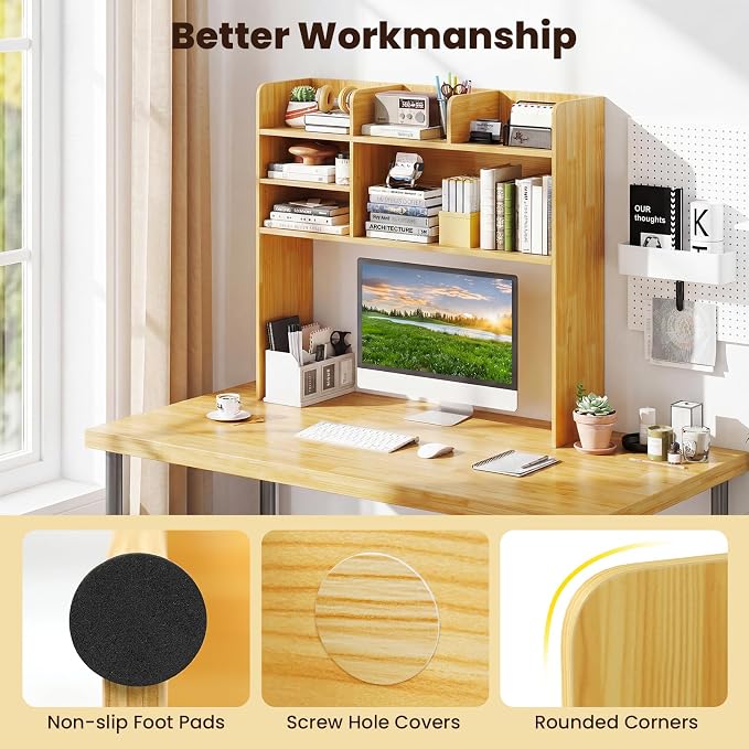 Giantex Desktop Bookshelf, 37" Desk Hutch Dorm for Computer Up to 32 Inch, Countertop Hutch w/6 Storage Shelves, 3-Tier Desktop Organizer Display Rack, Wood Desk Shelf for Home Office (Burlywood)