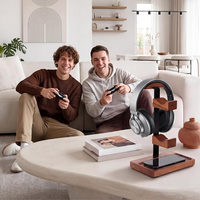 Headphone Stand with Controller Holder, Gaming Headset Stand for Desk, Walnut Headphone Holder Desk Organizer Gaming Accessories Gift for Gamers (Light Walnut)