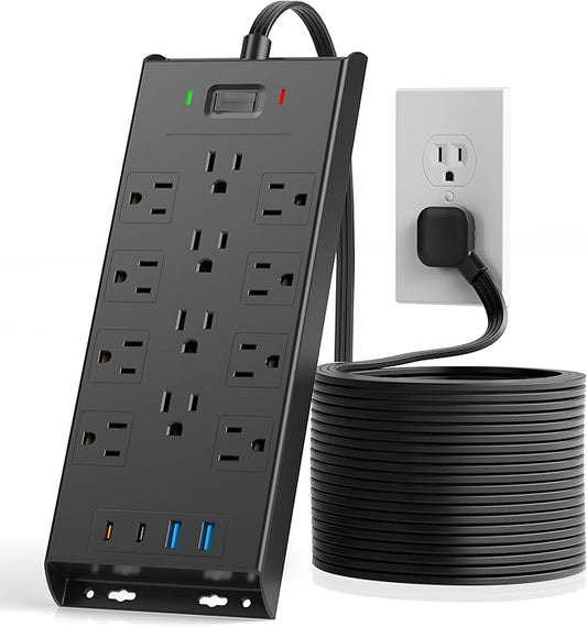 Surge Protector Power Strip 4800J, LeZone 15Ft Long Extension Cord Flat Plug, 12 Outlets 2 USB C 2 USB Ports, Wall Mountable, Desk Charging Station, Black