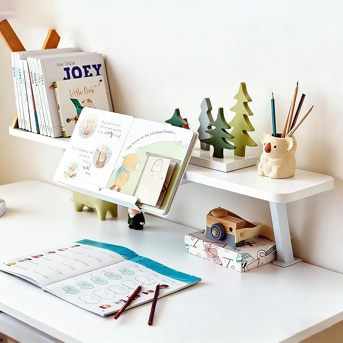 Clamp on Desk Shelf with Reading Stand 23.6x7.8in, Space-Saving Desktop Extender Klemmbares Schreibtisch Organizer Regal Adjustable Floating Desks Shelf for Office, Dorm, Home Desk Organization