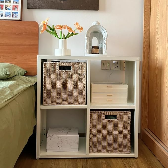 IRONMIX Metal 4 Cube Storage Organizer with 2 Storage Basket, Short Bookshelf with Storage, Horizontal Bookshelf, 2 Tier Open Bookcase Cube Shelf for Home Office Library (White, 700 with Basket)