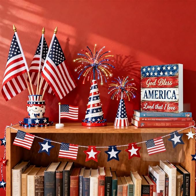 Patriotic Wooden Box Sign,God Bless America 4th Of July Signs Home Decor,Independence Memorial Day Block Sign for Desk Shelf Tabletop Decor