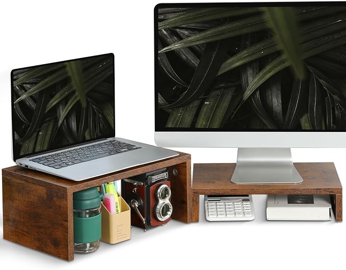 TEAMIX 2 Pack Monitor Stand Riser Rustic Brown,Wood 2 Tier Adjustable Monitor Stand Dual Monitor Riser for 2 Monitors/Laptop/PC Computer Stand Desktop Space Saver…