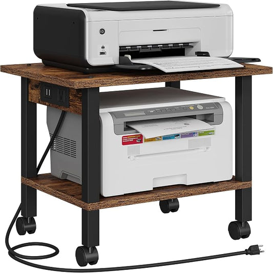 TUTOTAK 2 Tier Printer Stand, Rolling Printer Cart with Power Outlets and USB Ports, Mobile Printer Table with Wheels, for Under Desk, Office, Home,Brown PS01BB001P