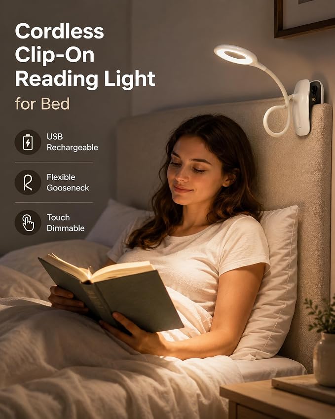 Clip On Reading Light for Bed Headboard, USB Rechargeable Cordless Clamp Lamp for Dorm Room Essentials, Touch Dim, 3 Colors, Eye Protect LED Desk Lamp for College Dorm Room, Gooseneck,White