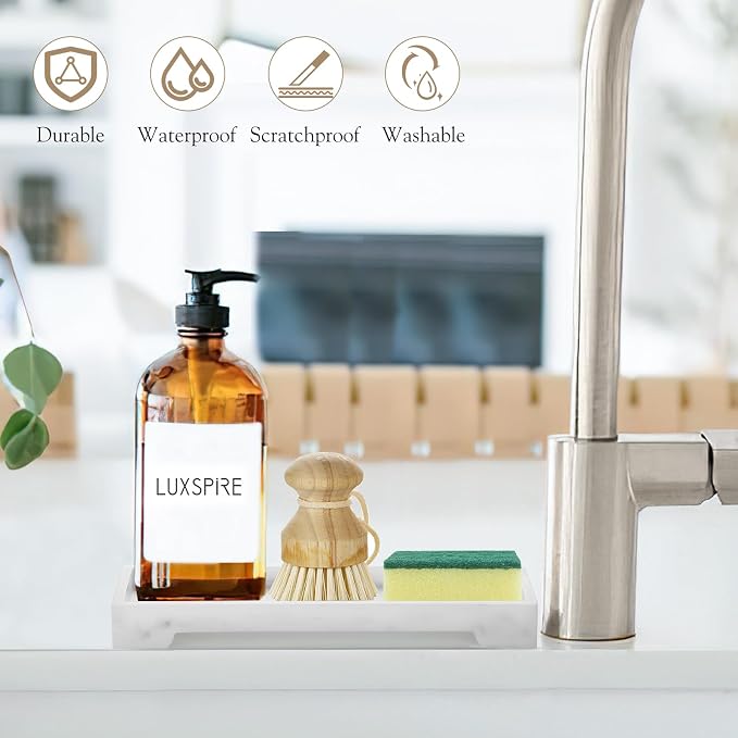 Luxspire Bathroom Vanity Tray, Resin Toilet Tank Tray, Kitchen Trays, 11" x 4" Rectangle Bathroom Tray for Counter, Marble Tray for Soap Dispenser Perfume Jewelry, Small, White Marble