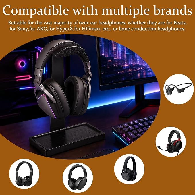 Walnut Headphone Stand, Wooden Headset Stand for Desk, Wood Gaming Headphone Holder with Storage Base Present for Men Brown or Black(Black)
