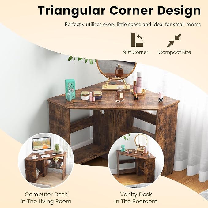 LDAILY Moccha Corner Desk, Space-Saving Triangle Computer Desk with Storage Shelves and Cable Holes, Multi-Functional Makeup Vanity Table for Bedroom, Writing Desk for Small Spaces Office Bedroom