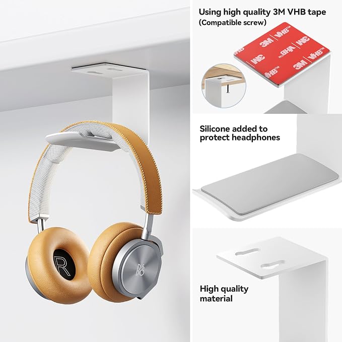 2Pack Heavy Duty Under Desk Headphone Stand, No Drill Mount with strong Adhesive Holder for AirPods Max, Sony, Bose & Gaming Headphones, Home Office Studio Dorm Organizer (H02F-2P-white)
