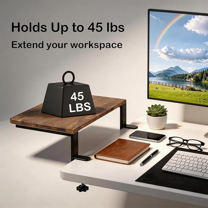 Desk Extender, 15-inch Desk Clamp Shelf, Height Adjustable Desktop Organizer for Office, Game Room, Kitchen and Studio (Brown)