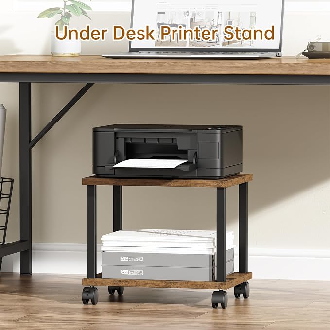 Asgolion Small Printer Table, 2-Tier Under Desk Printer Stand, Printer Stand with Wheels, Printer Shelf for Small Spaces, Printer Cart for Home Office, Rustic Brown