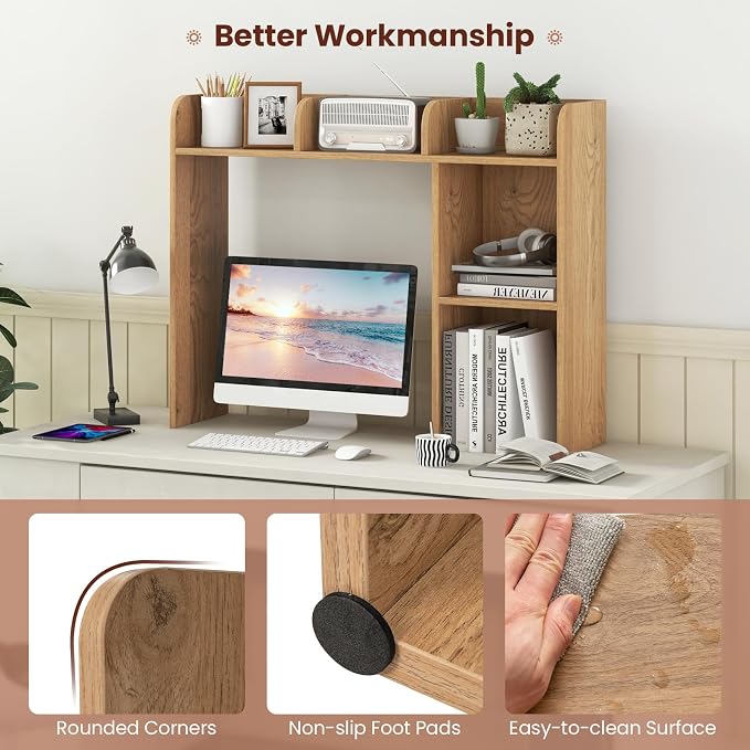 Desktop Bookshelf, 3-Tier Desk Organizer Shelves with 5 Display Rack, Countertop Storage Bookcase for Computer Desk, Desk Hutch Shelf for Top of Desk, Dorm, Home, Office (Natural)