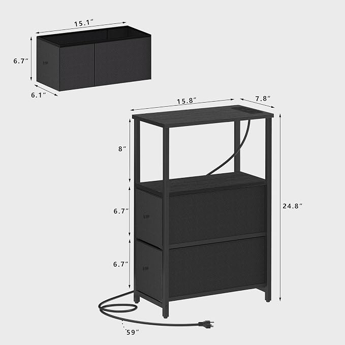 TUTOTAK Small Narrow End Table with Charging Station, Set of 2, Side Table with Outlets, Nightstand with 2 Cloth Drawers, Couch Table, for Living Room, Bedroom, Bedside, Black TB01BK055