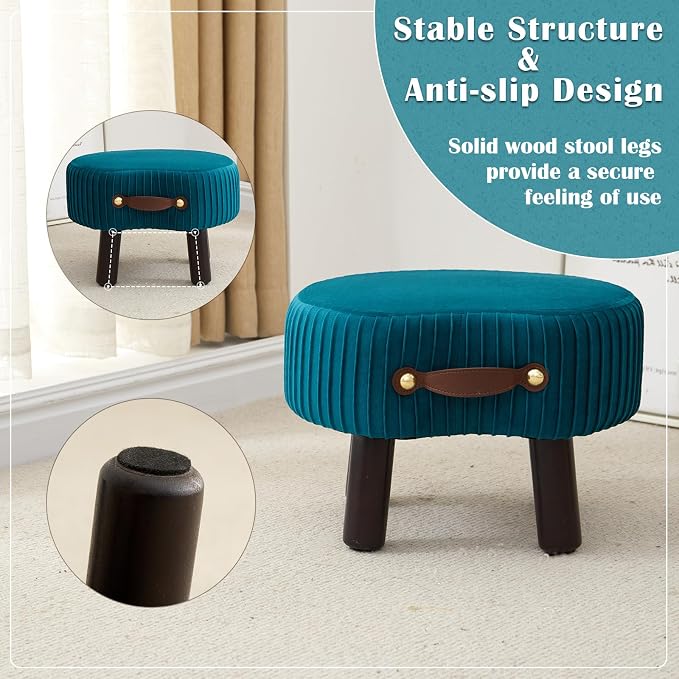 Foot Stools Small, Ottomon with Handle, Velvet Footrest Ottoman | Curved Foot Stool with Padded Seat Wooden Legs, Portable Foot Rest for Living Room, Bedroom, Entryway, (Peacock Blue)