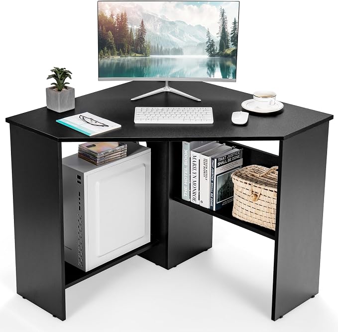 LDAILY Corner Desk with Storage Shelves & Cable Holes - Space-Saving Computer Table for Small Spaces, Home Office, Living Room, Bedroom (Black)