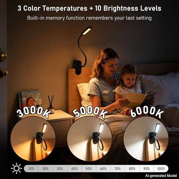 Clip on Light, Desk Lamp with Clamp, LED Reading Light with 3500mAh Rechargeable Battery, 3 Color Modes, 10 Brightness Levels, Adjustable Neck, Cordless Clip on Lamp for Bed, Home Office, Craft(Black)