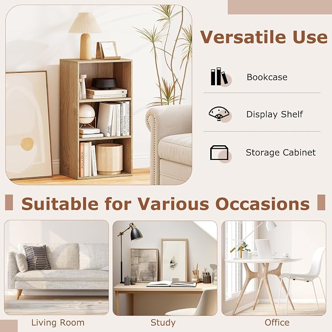 3 Shelf Bookshelf, 31.5” Small Bookcase with 2 Adjustable Shelves, Wooden Bookshelves and Bookcases, Modern Display Shelf, 3 Cube Storage Organizer for Home Office Bedroom (Natural)