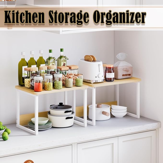 MARTY Kitchen Countertop Organizer Cabinet Shelf, 17x12.4 Large Spice Racks Counter Shelf Microwave Oven Rack Desktop Storage Organization for Kitchen, Office, Metal & Wood, Maple