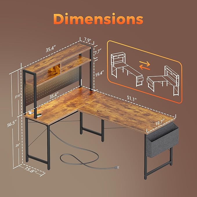 Mericonia 51 inch Large L Shaped Desk with Pegboard Hutch & Shelves, Corner Gaming Desk with Power Outlet, LED Light & Storage Bag, Reversible Computer Desk for Home, Bedroom, Office Workspace, Brown