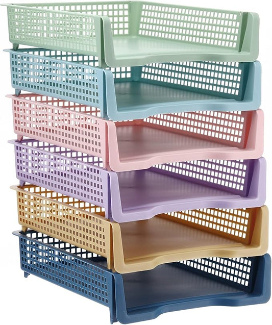 Weysat 6 Pcs Turn in Trays Classroom, Stackable Paper Tray for Classroom Organization Plastic Desk File Organizer Bin Basket for Library Drawer Teacher Office Document Storage (Morandi Pastel,Narrow)