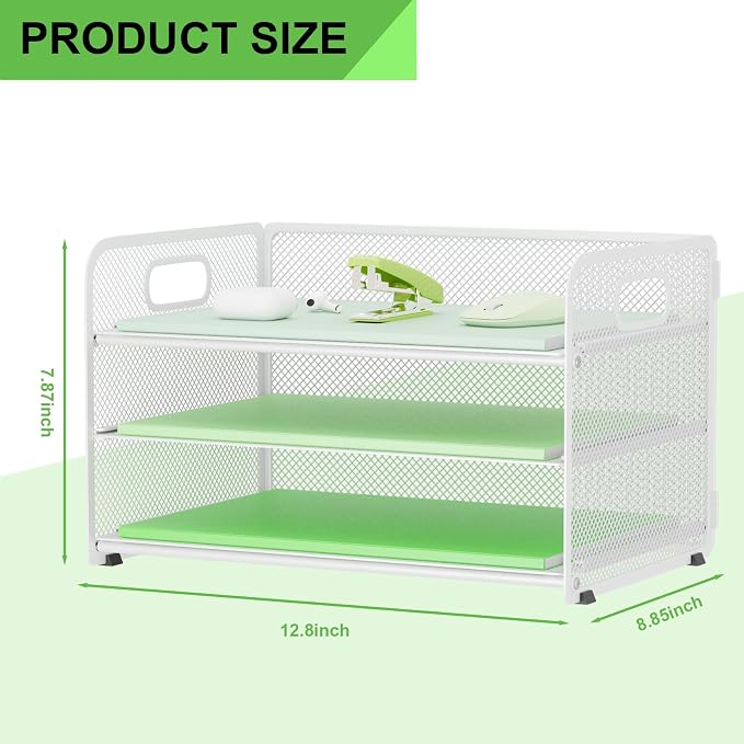 3 Tier Letter Tray Paper Organizer with Handle, Mesh Desk Organizer Paper Sorter File Rack Shelves, White