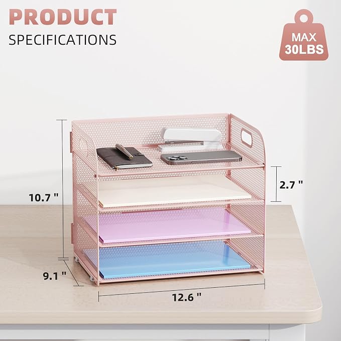 Marbrasse 4 Tier Paper Organizer Letter Tray - Mesh Desk File Organizer with Handle, Paper Sorter Organizer for Letter/A4 Office File Folder Holder (Pink, 12.6" x 9.1" x 10.7")