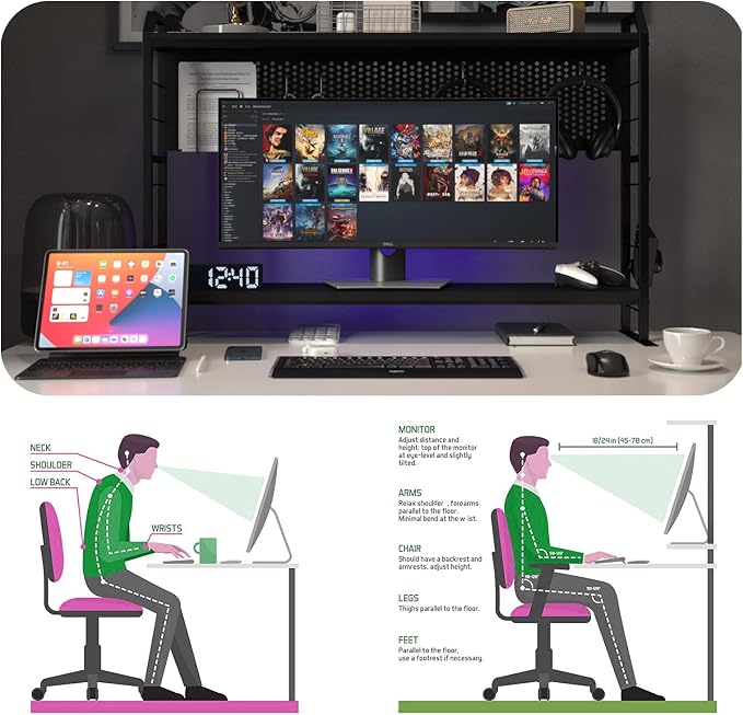 PROXRACER Ergonomic Monitor Stand for 42" and Up Tables, Adjustable Shelf, Rust-Free Metal Frame, Supports 200 lbs, Easy Assembly, Suitable for Gaming and Office