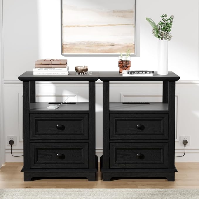 REDAYFUR End Table with Fast Charging Station Set of 2, 18" Wide Sofa Side Table with Drawers, Large Storage Rustic Wood Square Storage Cabinet for Living Room