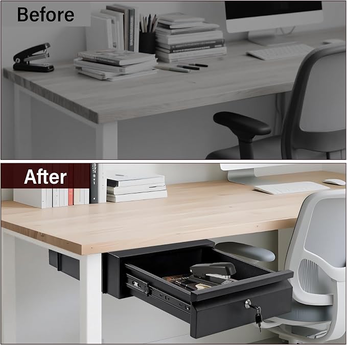 Under Desk Drawer 15.7" x 11.8" x 4.3" | Under Desk Pull Out Drawer with Lock and Keys, 4.3” & 7.5” Optional Bracket Height, Storage Organizer for Workbench