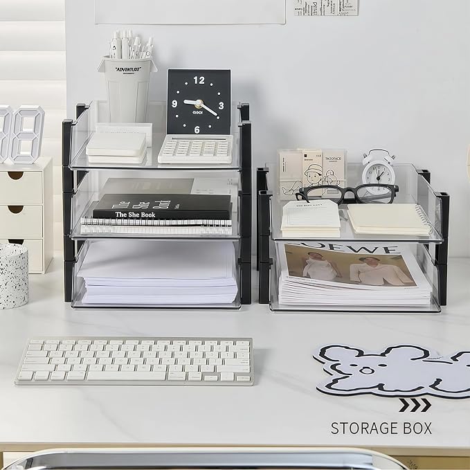 Clear Stackable Paper Tray, 2-Tier Desk Organizer for Office | Clear 2-tier stackable tray. Fits A4/Letter. Office desk storage for home/school. Easy access.