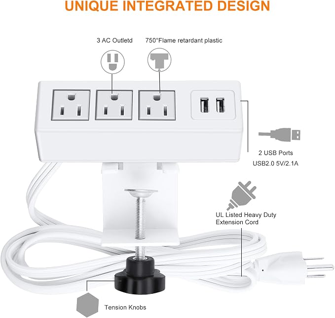 3 Outlet Desk Clamp Power Strip With USB Ports, White Desktop Surge Protector 1200J. Mount Charging Power Station, Edge Power Outlet 125V 12A 1500W