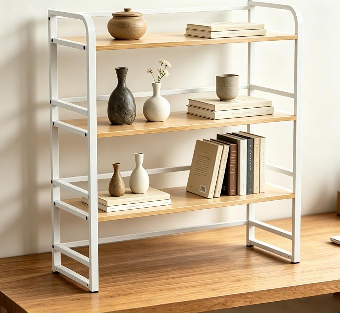 Office Desk Shelf Organizer, Wood Desktop Bookshelf Supplies Storage Rack, Shelf for Top of Desk and Dresser and Cubicle Decor Aesthetic Bookshelf (White Wood, Three Tier, 19.69Lx7.87Wx22.05H)