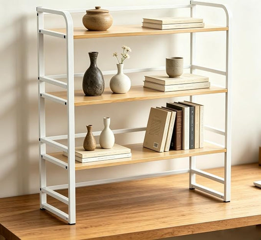 Office Desk Shelf Organizer, Wood Desktop Bookshelf Supplies Storage Rack, Shelf for Top of Desk and Dresser and Cubicle Decor Aesthetic Bookshelf (White Wood, Three Tier, 19.69Lx7.87Wx22.05H)