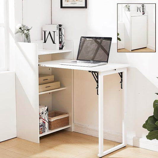 Fold Out Desk,Hidden Desk with Built-in Outlet, Foldable Desk with Storage for Small Spaces,Home Office and Bedroom (White)