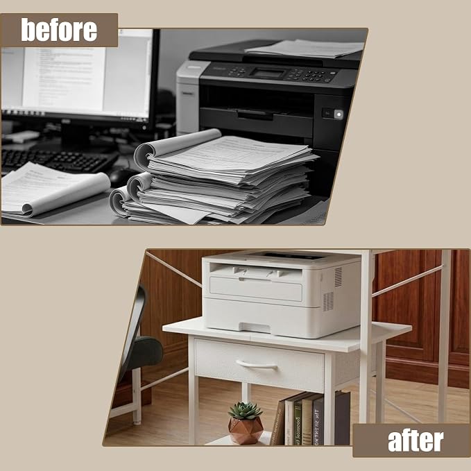 22" x 15" Under Desk Rolling Printer Stand, 2-Tier Industrial Mobile Printer Table with Strong Fabric Drawer, Storage Shelf, Steel Frame and Lockable Wheels, Printer Cart for Home Office (White)