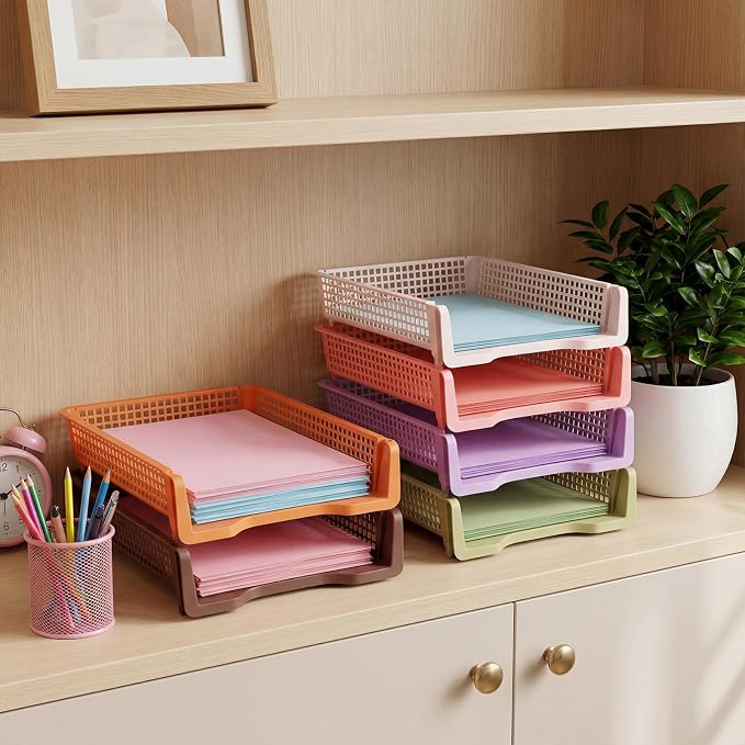 Tenceur 6 Pcs Turn in Trays Classroom, Stackable Tray for Classroom Plastic Storage Baskets Teacher Organizers for Library Drawers Office Desk(Trendy,Terrazzo Colors,13.3 x 9.5 x 2.7 Inches)