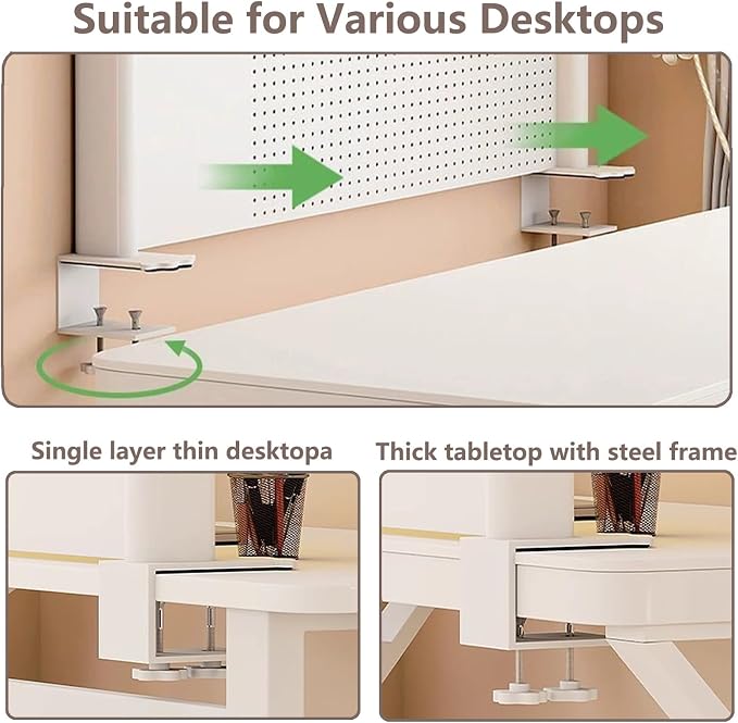 Clamp On Desk Organizer Shelf, White Desktop Bookshelf Storage Shelves with Pegboard Desktop Shelving System for Home Office Dorm Gaming Desk (60cm/23.6in)