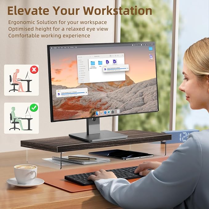 Monitor Stand Riser, Wood & Acrylic Computer Monitor Stand Desk Desktop Organizer Table for Home, Office Workspace, Laptop Riser, Printer, PC & TV Screen Riser