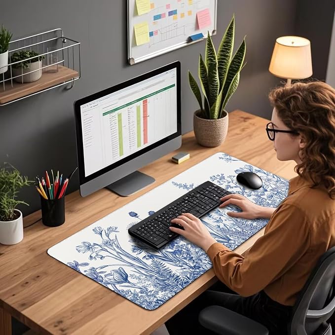 Narcissus Blue Floral Large Gaming Mouse Pad 31.5"x15.7"｜ Flower XXL Desk Mat, Non-Slip Rubber Base & Stitched Edges - Extended Waterproof Mousepad for PC/Laptop/Office/Home Decor