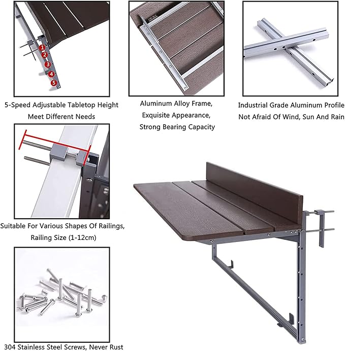 Balcony Bar Table For Railings,balcony Desk,Outdoor Hanging Rail Tables For Deck,Adjustable Height Small Folding Space Saving Serving Desk Countertop Extension Fold Down For Patio,Garden ,Porch ( Colo