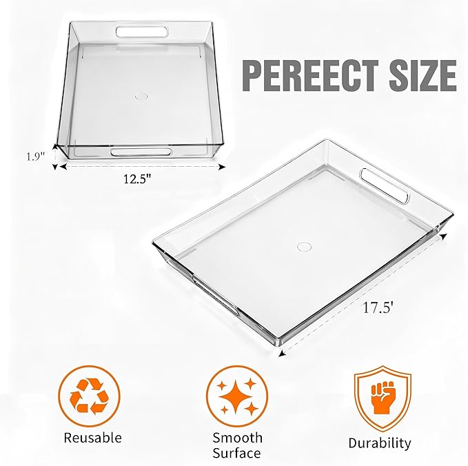 Clear Plastic Serving Tray with Handles, BPA-Free Storage Organizer Tray -2 Pack Large Trays 17.5"x12.5" Reusable Serving Platters for Appetizer, Fruit, Kitchen, Desk & Serving Tray for Party Supplies