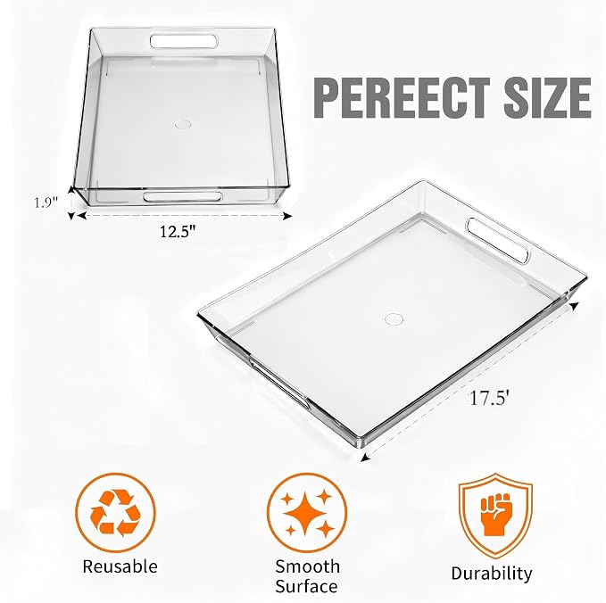Clear Plastic Serving Tray with Handles, BPA-Free Storage Organizer Tray - Large Serving Trays 17.5"x12.5"Reusable Serving Platters for Appetizer,Fruit,Kitchen,Desk & Serving Tray for Party Supplies