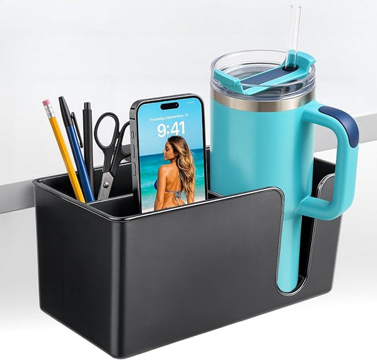 OOKUU 3-in-1 Desk Organizer - Large Desk Cup Holder Clamp, Pencil Holder and Phone Stand - Detachable Anti-Spill Table Cup Holder, Office & PC Gaming Desk Accessories for Cup, Phone and Pen (Black)